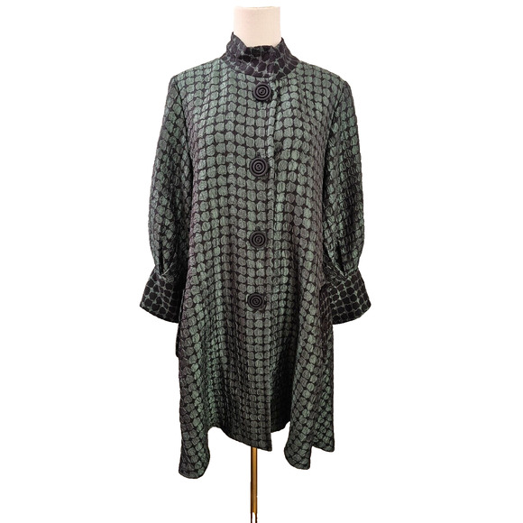 I C By Connie K Long Mandarin Style Green Metallic Print Coat Jacket XL 12 14 16 - Picture 1 of 7